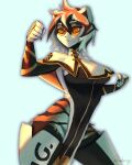  2022 anthro arknights breasts clothed clothing digital_media_(artwork) digital_painting_(artwork) eyewear felid female fist fur glasses hair hi_res hypergryph mammal multicolored_body multicolored_fur orange_body orange_fur pantherine paradoxing raised_arm raised_fist simple_background solo studio_montagne tiger video_games waaifu_(arknights) white_body white_fur 