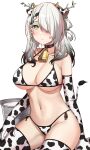  1girl absurdres alternate_hair_color animal_ears animal_print bell bikini black_hair breasts bucket ceres_fauna closed_mouth cow_ears cow_horns cow_print cow_tail cowbell elbow_gloves flower gloves gradient_hair grey_hair hair_flower hair_ornament hair_over_one_eye highres hololive hololive_english horns large_breasts long_hair milk mole mole_under_eye multicolored_hair navel neck_bell print_bikini print_gloves rakku_(rkrmz0n) sitting smile solo stomach swimsuit tail thighhighs virtual_youtuber white_hair yellow_eyes 