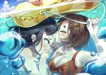  2girls absurdres air_bubble black_hair blue_sky breasts brown_eyes brown_hair bubble cleavage closed_eyes covering_mouth highres innertube kiss kissing_forehead large_breasts looking_at_another multiple_girls original partially_underwater_shot sky swimsuit underwater wanashi_tam water yuri 
