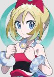  1girl absurdres bangs blonde_hair blue_eyes bracelet clenched_hands closed_mouth collar commentary_request eyelashes hairband hands_up highres irida_(pokemon) jewelry nori_(hgdm2784) pokemon pokemon_(game) pokemon_legends:_arceus red_hairband sash shirt short_hair solo strapless strapless_shirt upper_body 