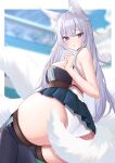  1girl absurdres animal_ear_fluff animal_ears ass azur_lane bare_arms bare_shoulders blue_eyes blurry blurry_background blush breasts fox_ears fox_girl fox_tail highres kirin3145 large_breasts long_hair looking_at_viewer miniskirt panties pantyshot parted_lips pleated_skirt shinano_(azur_lane) skirt tail thighhighs thighs underwear white_hair white_panties white_tail 