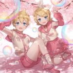  1boy 1girl alternate_color ankle_socks ashika_(yftcc948) bangs blonde_hair blue_eyes bow bow_hairband bubble cherry_blossom_print cherry_blossoms crossed_ankles detached_sleeves fang flipped_hair floral_print hair_between_eyes hairband highres kagamine_len kagamine_rin kneeling knees_up legwear_garter looking_at_viewer medium_hair neck_ribbon neckerchief necktie on_ground open_mouth parted_bangs pink_bow pink_footwear pink_neckerchief pink_necktie pink_ribbon pink_shorts pink_skirt pink_sleeves pink_theme ribbon sailor_collar sailor_shirt sakura_len sakura_rin shirt shoes short_ponytail short_sleeves shorts sitting skin_fang skirt sleeveless smile socks vocaloid white_bow white_hairband white_shirt white_socks 