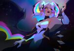  1girl absurdres armpits bangs bare_shoulders black_lips blue_hair breasts brown_sclera cleavage colored_sclera detached_sleeves dress earrings from_below gem glowing glowing_eyes highres jewelry large_breasts league_of_legends long_hair long_sleeves looking_at_viewer morgana_(league_of_legends) multicolored_hair pointy_ears raida_(raidasart) space star_(symbol) star_earrings star_nemesis_morgana white_hair wings 