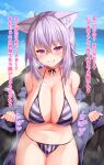  1girl animal_ears bikini black_choker black_ribbon blue_sky breasts cat_ears cat_girl choker cloud collarbone day hair_between_eyes hololive kuragari large_breasts looking_at_viewer navel nekomata_okayu outdoors purple_eyes purple_hair ribbon ribbon_choker short_hair sky smile solo striped striped_bikini sweat swimsuit translation_request virtual_youtuber 