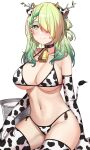  1girl absurdres animal_ears animal_print bell bikini breasts bucket ceres_fauna closed_mouth cow_ears cow_horns cow_print cow_tail cowbell elbow_gloves flower gloves green_hair hair_flower hair_ornament hair_over_one_eye highres hololive hololive_english horns large_breasts long_hair milk mole mole_under_eye navel neck_bell print_bikini print_gloves rakku_(rkrmz0n) sitting smile solo stomach swimsuit tail thighhighs virtual_youtuber yellow_eyes 