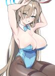 1girl absurdres animal_ears armpits arms_behind_head arms_up asuna_(blue_archive) asuna_(bunny)_(blue_archive) bangs bare_shoulders blue_archive blue_eyes blue_leotard blush breasts brown_pantyhose cleavage detached_collar fake_animal_ears grin hair_over_one_eye halo highleg highleg_leotard highres large_breasts leotard light_brown_hair long_hair looking_at_viewer mitche mole mole_on_breast pantyhose playboy_bunny rabbit_ears smile solo thighs very_long_hair 