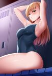  1girl absurdres armpits arms_up bangs blue_swimsuit blush breasts brown_hair green_eyes highres huyumitsu large_breasts locker locker_room long_hair looking_at_viewer one-piece_swimsuit original parted_lips sitting solo swimsuit thighs 
