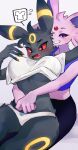  anthro big_breasts black_body black_eyes black_fur blush breasts clenched_teeth clothing colored_nails crop_top duo eeveelution embarrassed embrace espeon fangs female fur fur_markings hands_around_waist hi_res hug leggings legwear looking_at_another looking_down markings momikacha nails nintendo open_mouth pink_body pink_fur pok&eacute;mon pok&eacute;mon_(species) pok&eacute;morph purple_sclera red_sclera shirt simple_background smile teeth topwear umbreon underwear video_games worried yellow_body 