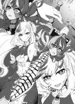  2girls absurdres bangs braid breasts chainsaw_man cleavage closed_mouth clothing_cutout double_bun dress earrings greyscale hair_bun hair_ornament heterochromia highres holding holding_sword holding_weapon hololive hololive_indonesia jewelry kureiji_ollie large_breasts long_hair monochrome multicolored_hair multiple_girls navel open_mouth patchwork_skin pavolia_reine ponytail rlus spine stitched_face stitches stomach_cutout sword symbol-shaped_pupils two-tone_hair v-shaped_eyebrows very_long_hair weapon x-shaped_pupils 