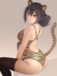  1girl alternate_costume alternate_hairstyle animal_ears animal_print ass black_hair black_thighhighs breasts brown_eyes grey_background hair_between_eyes highres kantai_collection kasumi_(skchkko) large_breasts long_hair nagato_(kancolle) one-piece_swimsuit open_mouth smile solo swimsuit tail thighhighs tiger_ears tiger_print tiger_tail 