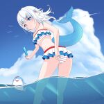  1girl absurdres adjusting_clothes adjusting_swimsuit amrb ass bangs bare_back beach bent_over bikini bloop_(gawr_gura) blue_sky blush cloud cloudy_sky day fish fish_tail food frilled_bikini frills from_behind gawr_gura highres hololive hololive_english hot leaning_forward looking_at_viewer looking_back multicolored_hair ocean outdoors partially_submerged popsicle shark_girl shark_tail sky smile standing streaked_hair summer sunlight swimsuit tail two-tone_hair underwater virtual_youtuber wading water 