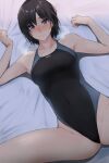  1girl amagami arms_up bangs bed_sheet black_hair black_swimsuit blue_swimsuit blush breasts breath brown_eyes collarbone commentary competition_swimsuit covered_navel from_above grip highleg highleg_swimsuit highres looking_at_viewer lying medium_breasts nanasaki_ai nose_blush on_back on_bed one-piece_swimsuit raised_eyebrows sheet_grab short_hair solo spread_legs swimsuit two-tone_swimsuit yoo_tenchi 