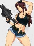  1girl abs arm_tattoo black_gloves black_lagoon black_tank_top breasts brown_eyes brown_hair cigarette commentary cowboy_shot crop_top denim denim_shorts english_commentary finger_on_trigger fingerless_gloves gloves gun handgun highres holding holding_gun holding_weapon holster looking_at_viewer midriff muscular muscular_female navel ponytail revy_(black_lagoon) rifle short_shorts shorts shoulder_holster sidelocks simple_background smoke smoking sniper_rifle solo standing tank_top tattoo weapon yoracrab 