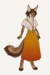  2020 anthro artist_logo black_nose blue_eyes brown_body brown_ears brown_fingers brown_fur brown_tail canid clothing dated dress female front_view fur glistening glistening_eyes hi_res inner_ear_fluff irisade_(lostgoose) logo looking_at_viewer lostgoose mammal orange_clothing orange_dress simple_background solo tan_body tan_fur tan_inner_ear_fluff tan_tail topwear tuft white_background white_clothing white_topwear 