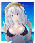  1girl alternate_costume bikini black_bikini blue_eyes breasts front-tie_bikini front-tie_top grey_hair hat kantai_collection kashima_(kancolle) large_breasts looking_at_viewer map_(blue_catty) sidelocks smile solo straw_hat sun_hat swimsuit twintails upper_body wavy_hair 