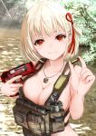  1girl blonde_hair breasts bullet chest_rig cleavage clogs commentary_request day dot_nose gibun_(sozoshu) gun hair_ribbon handgun highres holding holding_bullet holding_gun holding_weapon jewelry large_breasts looking_at_viewer lycoris_recoil m1911 magazine_(weapon) military nishikigi_chisato one_side_up outdoors pendant radio red_eyes revision ribbon river short_hair smile solo sunlight trigger_discipline upper_body vest water weapon wet 