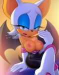  2022 anthro areola black_nose breasts chiropteran clothing dialogue digital_media_(artwork) english_text eyelashes eyeshadow female half-closed_eyes hi_res loodncrood looking_at_viewer makeup mammal narrowed_eyes nipples open_mouth rouge_the_bat sega simple_background solo sonic_the_hedgehog_(series) text wings 