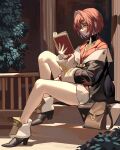  1girl ange_katrina black_footwear black_jacket blush book brown_bag from_side hair_behind_ear high_heels highres holding holding_book jacket nijisanji off_shoulder plant reading red_hair red_sweater short_hair sitting solo sweater theamazingspino virtual_youtuber 