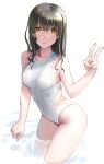  1girl black_hair brown_eyes commentary_request competition_swimsuit glasses katahira_masashi long_hair looking_at_viewer medium_hair one-piece_swimsuit original soaking_feet solo standing swimsuit v water white_swimsuit 
