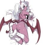  1girl ass blue_eyes bow_(bhp) bra breasts colored_skin demon_girl demon_horns demon_tail demon_wings horns legs_together long_hair looking_at_viewer low_wings lying on_bed on_stomach original panties parted_lips pink_skin small_breasts socks solo tail twintails underwear white_bra white_hair white_panties white_socks wings 