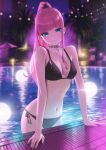  1girl arm_support bangs bare_arms bare_shoulders bikini black_bikini blue_eyes blunt_bangs blurry blurry_background breasts building choker cleavage closed_mouth commentary_request depth_of_field hara_kenshi high_ponytail highres long_hair looking_at_viewer navel night original outdoors palm_tree pink_hair ponytail pool reflection side-tie_bikini sidelocks skyscraper small_breasts smile solo stomach swimsuit tree wading water wet 