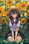  1girl :o absurdres bangs black_hair black_skirt brown_eyes commentary_request copyright_request day field flower flower_field hair_ornament hair_ribbon hat highres kgt_(pixiv12957613) light_blush looking_at_viewer neck_ribbon outdoors parted_lips red_ribbon ribbon shirt short_sleeves sitting skirt solo straw_hat sunflower white_shirt x_hair_ornament 