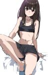  1girl black_bra blush bow_(bhp) boyshort_panties bra breasts brown_eyes brown_hair closed_mouth head_tilt knee_up long_hair looking_at_viewer navel original partially_visible_vulva simple_background slippers small_breasts solo stomach underwear white_background 