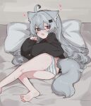  1girl absurdres ahoge animal_ears ass bandaid bandaid_on_face bandaid_on_nose bright_pupils fang feet fenrir_(fenriluuu) grey_hair hair_between_eyes hair_ornament hairclip heart highres long_hair on_bed original panties red_eyes rir-chan skin_fang striped striped_panties sweater tail underwear white_pupils wolf_ears wolf_girl wolf_tail 