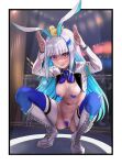  1girl animal_ears animal_on_head armband ass bangs bird bird_on_head blue_hair blunt_bangs blush boots breasts daishippai highres humiliation lize_helesta multicolored_hair navel nijisanji on_head open_clothes pasties pink_eyes pussy rabbit_ears sagging_breasts sidelocks squatting sweat thighhighs white_hair 