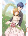  absurdres atorie blush bouquet choker dress fire_emblem fire_emblem:_radiant_dawn hair_ornament highres holding_hands ike_(fire_emblem) lethe_(fire_emblem) outdoors smile tail wedding wedding_dress 