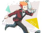  1boy altorav artist_name black_bow black_bowtie black_footwear black_pants blue_eyes bouquet bow bowtie dated fork formal grin happy_birthday holding holding_bouquet holding_fork male_focus mob_psycho_100 orange_hair pants petals red_suit running smile spiked_hair suit suzuki_shou 