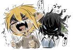  angry anthro bamfear black_hair blonde_hair brown_body clive_(doneru) cross-popping_vein dialogue doneru duo fangs hair hi_res japanese_text meme menacing_(meme) messy_hair shadowed_face simple_background sketch tany_(doneru) text white_background 