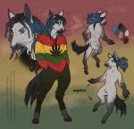  2021 anthro artist_logo black_eyebrows black_hair blep blue_eyes blue_hair bottomwear brown_hooves clothed clothed/nude clothing crotch_tuft cyrillic_text dated digital_media_(artwork) digitigrade dreadlocks equid equine eyebrows featureless_crotch front_view fur glistening glistening_eyes gradient_hair green_bottomwear green_clothing green_pants green_topwear grey_body grey_fur hair hi_res hooves horse leg_markings logo lostgoose male mammal markings model_sheet narrowed_eyes nude pants pattern_clothing pattern_topwear red_clothing red_topwear socks_(marking) solo striped_clothing striped_topwear stripes text tongue tongue_out topwear tuft yellow_clothing yellow_topwear 