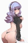  1girl ass black_shirt black_thighhighs bow_(bhp) breasts closed_mouth clothes_lift from_behind hairband large_breasts long_hair looking_at_viewer looking_back original panties purple_hair shirt shirt_lift simple_background solo thighhighs thong underwear white_background yellow_eyes 