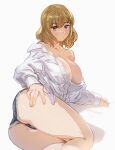  1girl ass black_shorts blonde_hair blush bow_(bhp) breasts cleavage closed_mouth large_breasts long_sleeves looking_at_viewer original shirt shorts simple_background solo white_background white_shirt yellow_eyes 