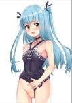  1girl :d absurdres ao_(flowerclasse) bangs bare_arms bare_shoulders black_ribbon black_swimsuit blue_hair blush clothing_aside collarbone commission cowboy_shot eiyuu_densetsu frilled_swimsuit frills hair_between_eyes hair_ribbon highres long_hair looking_at_viewer pussy ribbon simple_background smile solo standing swimsuit swimsuit_aside tio_plato two_side_up uncensored very_long_hair white_background yellow_eyes zero_no_kiseki 