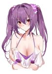  1girl absurdres bikini blush breasts cleavage crossed_arms fate/grand_order fate_(series) flower hair_flower hair_ornament highres large_breasts looking_at_viewer miyasaka_miyabi off-shoulder_bikini off_shoulder purple_bikini purple_hair purple_swimsuit red_eyes scathach_skadi_(swimsuit_ruler)_(fate) solo swimsuit twintails upper_body 