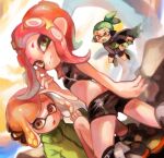  1boy 2girls agent_3_(splatoon) agent_4_(splatoon) agent_8_(splatoon) bangs bike_shorts green_eyes green_hair inkling_boy inkling_girl multiple_girls octoling orange_eyes orange_hair outdoors pointy_ears red_hair short_hair splatoon_(series) splatoon_2 squidbeak_splatoon tawara8853 tentacle_hair 