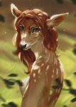  2021 anthro artist_logo black_nose blurred_background brown_body brown_eyes brown_fur brown_hair bust_portrait cervid dated female francesca_(lostgoose) fur glistening glistening_eyes hair hi_res inner_ear_fluff logo lostgoose mammal mouth_closed portrait side_view solo spots spotted_body spotted_fur tuft white_body white_fur white_inner_ear_fluff white_spots 