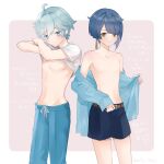  2boys ari_(bleum) belt blue_eyes blue_hair blue_pants blue_shirt blue_shorts chongyun_(genshin_impact) closed_mouth clothes_lift earrings genshin_impact jewelry long_sleeves male_focus multiple_boys muscular muscular_male open_clothes open_shirt pants shirt shirt_lift short_hair shorts single_earring smile translation_request white_shirt xingqiu_(genshin_impact) yellow_eyes 