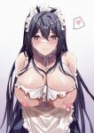  1girl absurdres apron azur_lane black_hair breasts chinese_commentary grabbing_own_breast green_eyes hair_between_eyes heart heart-shaped_pupils highres huge_breasts indomitable_(azur_lane) indomitable_(ms._motivationless_maid)_(azur_lane) lactation long_hair maid_headdress nipples noyuki_(3702) official_alternate_costume self_fondle simple_background solo spoken_heart symbol-shaped_pupils very_long_hair white_apron white_background 