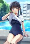  &gt;:) 1girl bangs black_hair blue_eyes blue_sky blue_swimsuit blush breasts building closed_mouth clothes_lift cloud commentary_request covered_navel day feet_out_of_frame gym_shirt highres knees_together_feet_apart lifted_by_self long_hair looking_at_viewer medium_breasts minami_saki original outdoors pool poolside school_swimsuit shirt shirt_lift sky smile solo swimsuit swimsuit_under_clothes twintails v-shaped_eyebrows water white_shirt window 