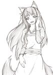  1girl animal_ear_fluff animal_ears collarbone dress flat_chest floating_hair greyscale hand_on_own_cheek hand_on_own_face head_tilt holo long_hair monochrome open_mouth sketch smile solo spice_and_wolf tail tsuchida_ryou white_background wolf_ears wolf_girl wolf_tail 