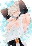  adjusting_hair arched_back armpits black_choker blush choker large_pectorals male_focus original parted_lips pectorals ponytail puffy_nipples seductive_smile see-through see-through_shirt smile steaming_body sweat trgm white_hair 