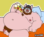  2022 absurd_res anthro artur_oink balls bed belly big_belly clothing domestic_pig ear_piercing ear_ring erection eyes_closed eyewear food furniture genitals glasses hat headgear headwear hi_res male mammal moobs navel nipples obese obese_male overweight overweight_male penis piercing pillow pizza pizza_slice pubes ring_piercing solo suid suina sus_(pig) 