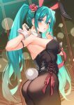  1girl animal_ears aqua_eyes aqua_hair aqua_nails armpits arms_up breasts bunny_day flower hair_ornament hatsune_miku highres inue_ao looking_at_viewer looking_back nail open_mouth pantyhose rabbit_ears ribbon rose sideboob solo twintails vocaloid 