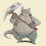  2022 anthro belly big_belly bottomwear clothing gloves handwear hi_res humanoid_hands kemono male mammal navel overweight overweight_male pants solo taistone_tw unknown_species weapon 