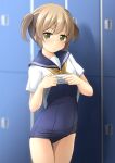  1girl bangs blue_sailor_collar blue_swimsuit blurry blurry_background blush brown_hair closed_mouth clothes_lift commentary_request depth_of_field green_eyes highres lifted_by_self locker locker_room looking_at_viewer old_school_swimsuit one-piece_swimsuit original sailor_collar school_swimsuit school_uniform serafuku shibacha shirt shirt_lift short_sleeves solo swimsuit swimsuit_under_clothes twintails white_shirt 
