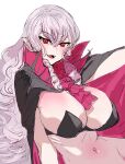  1girl :d ascot black_cape blush bow_(bhp) breasts cape cleavage fangs grey_hair hair_between_eyes huge_breasts long_hair looking_at_viewer navel open_mouth pink_ascot pointy_ears red_eyes smile solo vampire 