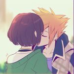  1boy 1girl altorav blurry blurry_background brown_hair closed_eyes facing_another green_jacket hetero highres jacket kiss misaki_shiki orange_hair outdoors sakuraba_neku spiked_hair spoilers subarashiki_kono_sekai upper_body 